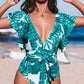 Green Floral & Ruffle Sleeve One Piece