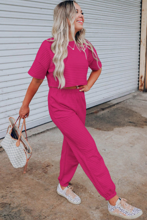 Pink Textured Crop Tee & Jogger Set