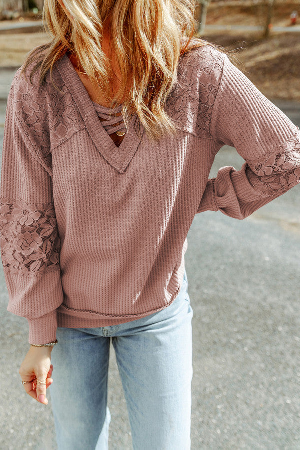 Lace Waffle Long Sleeve Top