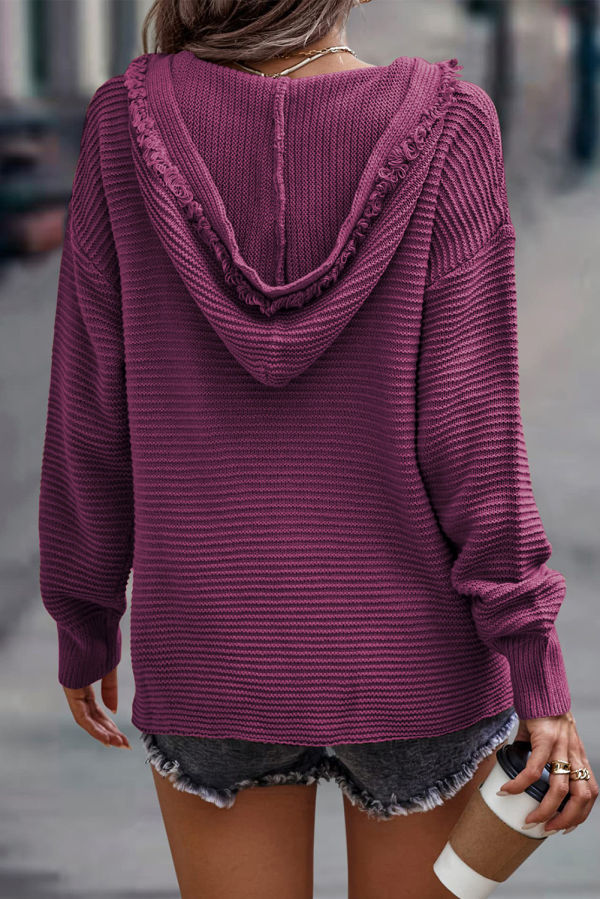 Plum V Neck Hooded Sweater