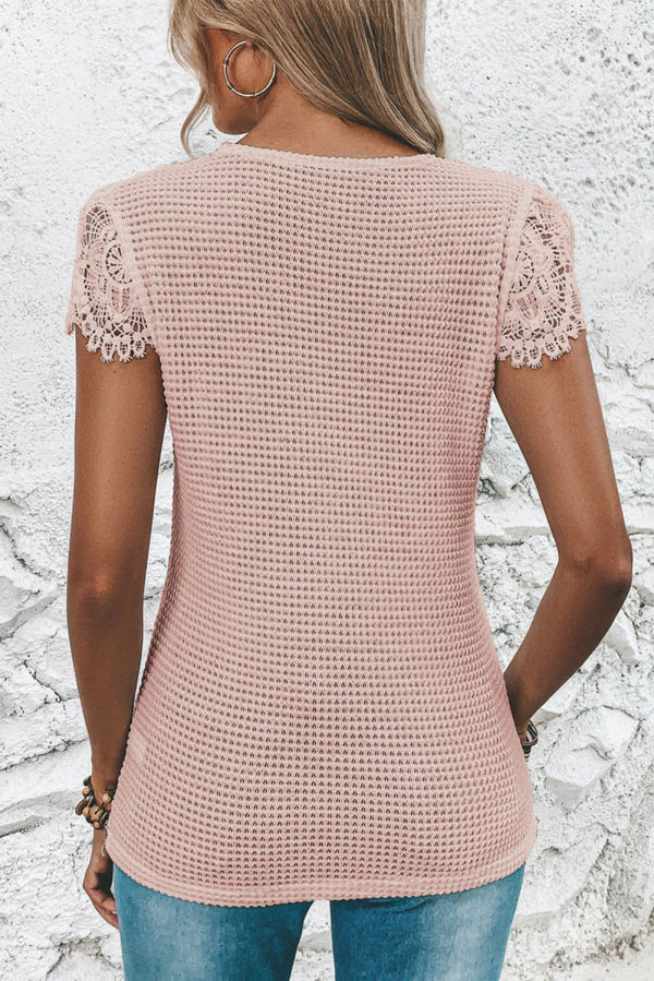 Pink Lace Sleeve Waffle Top