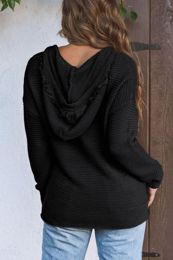 Black V Neck Hooded Sweater