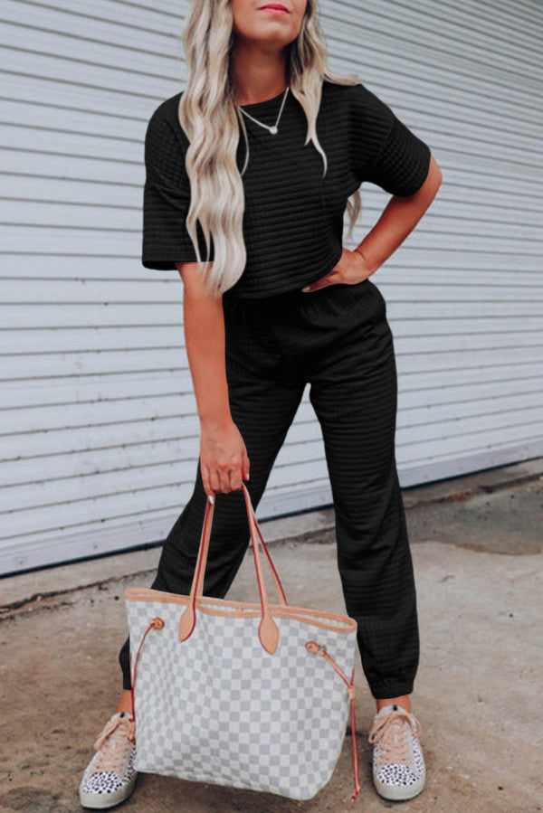 Black Textured Crop Tee & Jogger Set