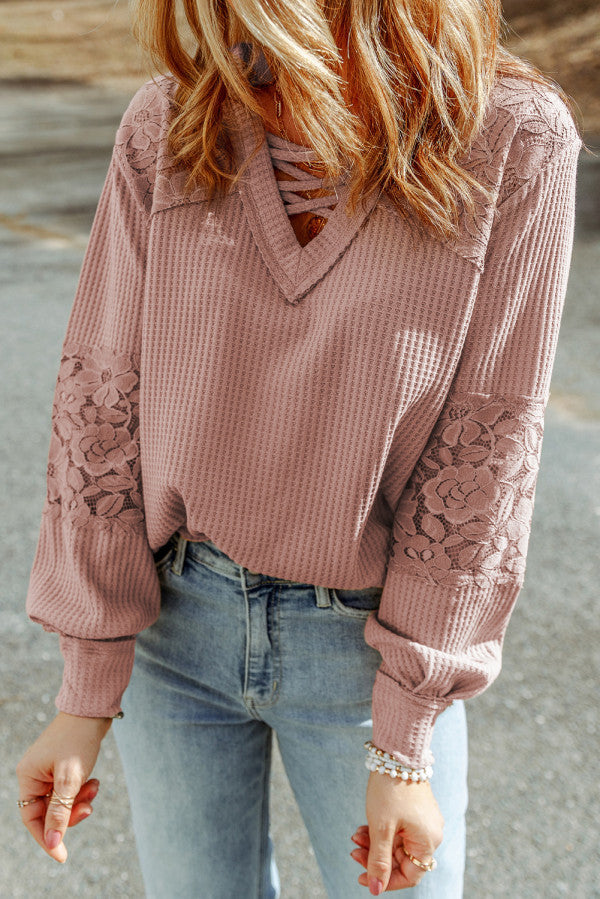 Lace Waffle Long Sleeve Top