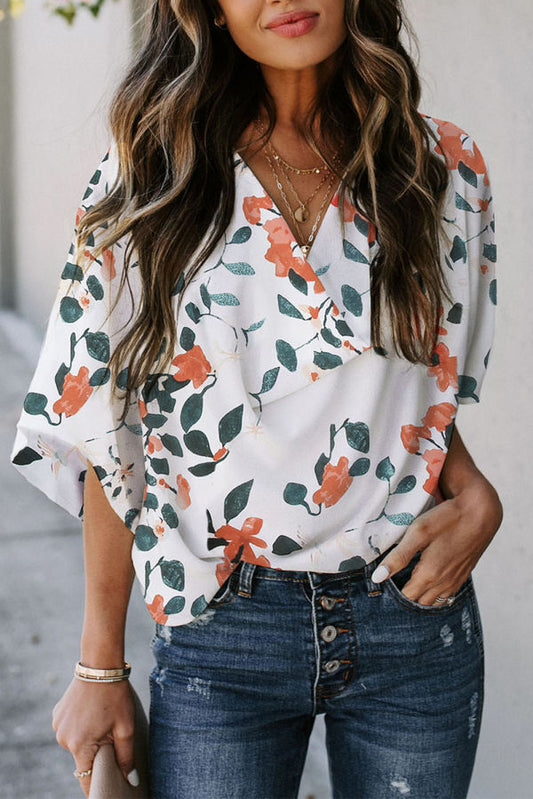 White Floral V Neck Blouse