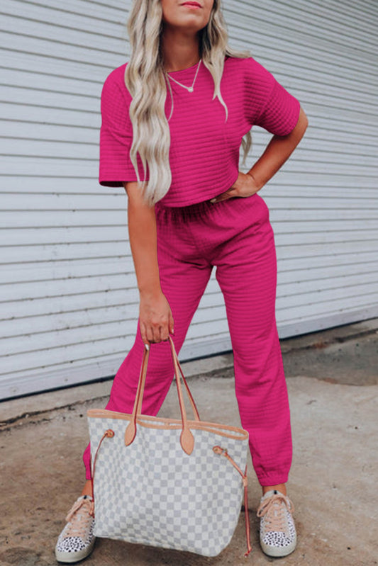 Pink Textured Crop Tee & Jogger Set