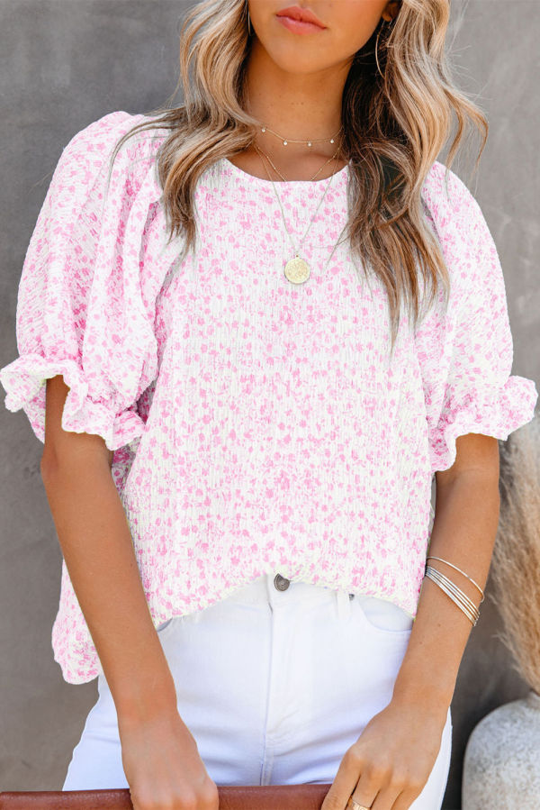 Pink Floral Puff Sleeve Blouse