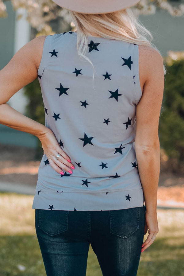 Gray Star Print Knit Tank with Slits