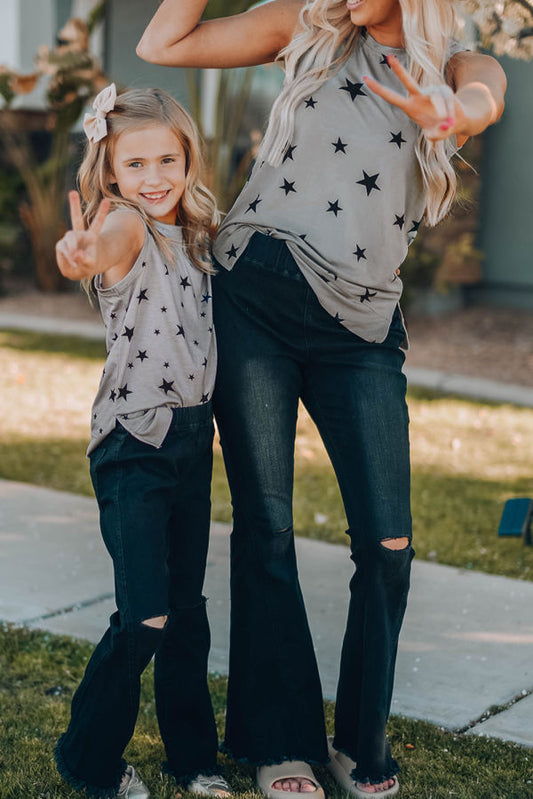 Gray Star Print Knit Tank with Slits