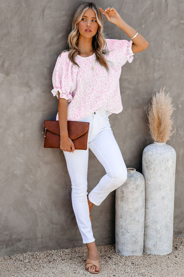 Pink Floral Puff Sleeve Blouse