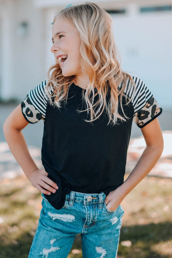 Girls’ T-shirt with Striped Leopard Sleeve