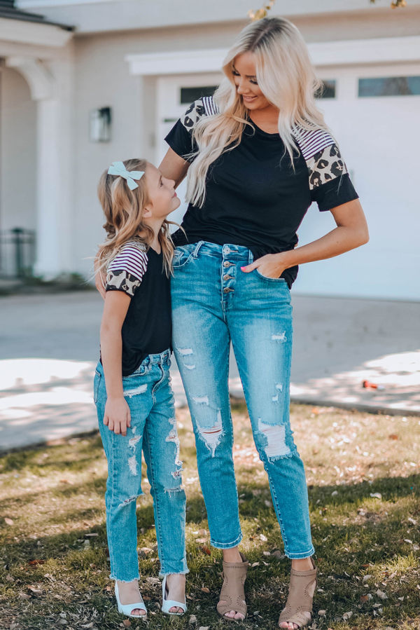 Girls’ T-shirt with Striped Leopard Sleeve