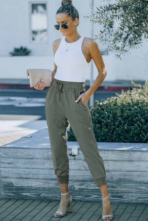 Green Casual Pockets Pants