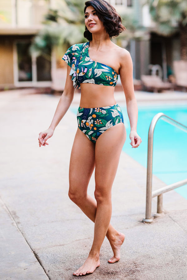 Green Floral Print Ruffled Single Shoulder High Waisted Swimsuit