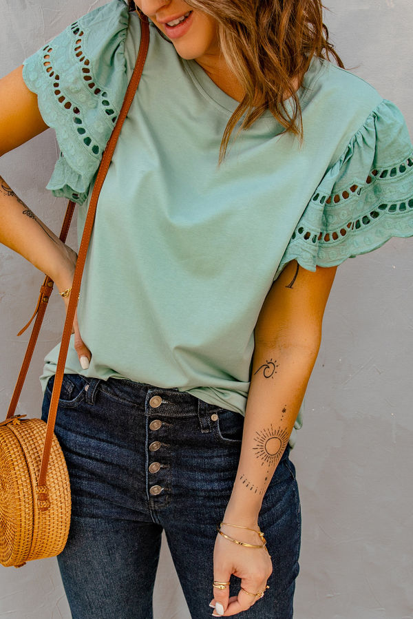 Green Hollow Out Ruffle Sleeve T-shirt