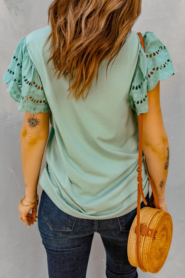 Green Hollow Out Ruffle Sleeve T-shirt