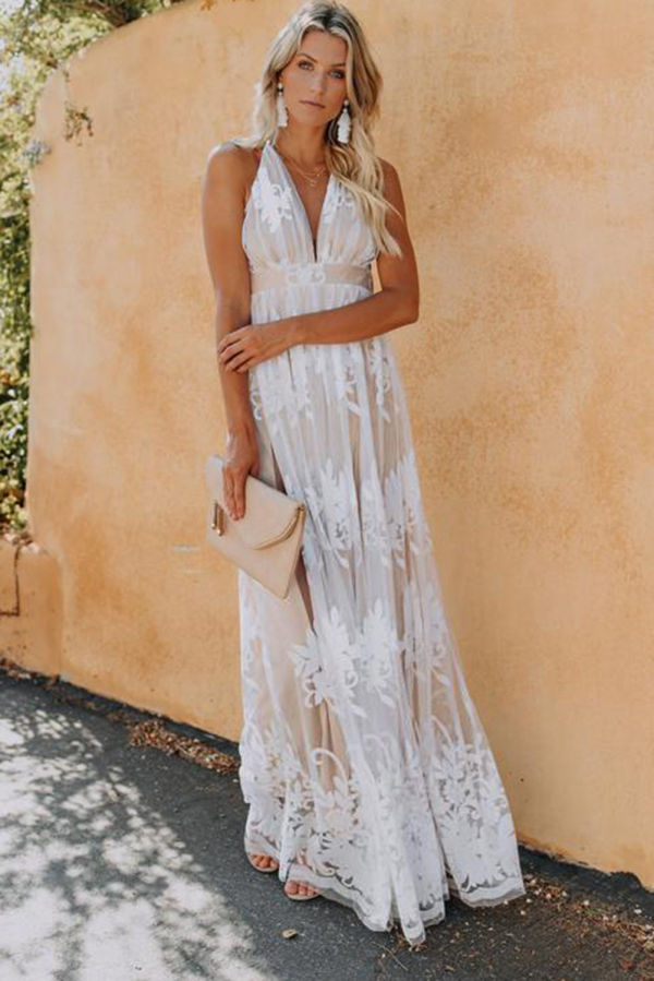 White Lace Backless Maxi Dress