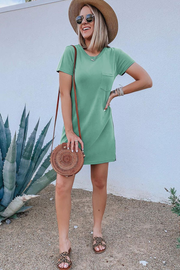 Green Crew Neck Short Sleeve Pocket Casual Mini Dress